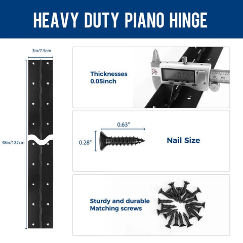 Heavy Duty Rock Solid Four Foot Continuous Piano Hinge Built Tough As Nails With Zero Rust Black Stainless Steel 3x48 inches with matching screws.