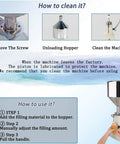 Manual Paste and Liquid Bottle Filler 5-55ml adjustable stainless steel construction with 22lb hopper and use instructions.