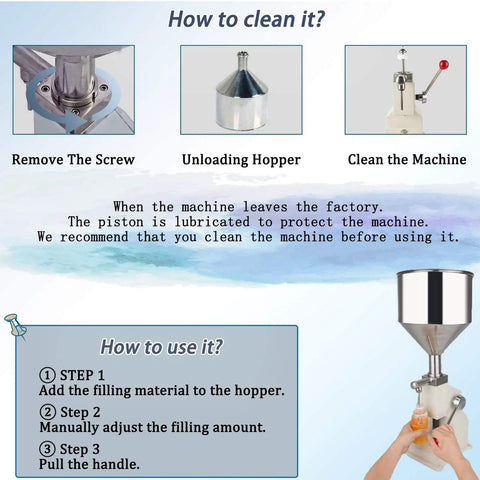 Manual Paste and Liquid Bottle Filler 5-55ml adjustable stainless steel construction with 22lb hopper and use instructions.