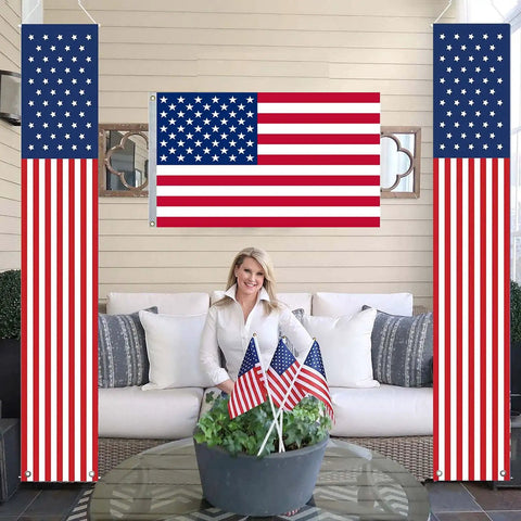 Patriotic Outdoor American Flag Banners Set Of Two For Fourth Of July Independence Day And Memorial Day displayed on a porch