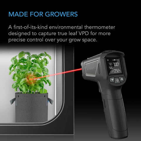 Leaf VPD And Temperature Meter infrared thermometer measuring plant in grow tent