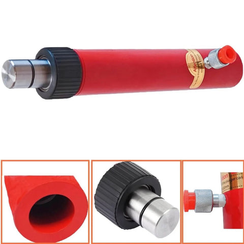 Close-up view of a red hydraulic ram from the Beastly 10 Ton Hydraulic Porta Power Lift Kit With Ram Heavy Duty Floor Jack Pump.