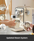 Pro Grade Semi Automatic Espresso Machine With Milk Frother And Steam Wand 15 Bar Pressure 57 Oz Removable Water Tank Dual Display Built For Cafe Quality Cappuccino And Latte At Home Ivory White G3006 being used on kitchen counter