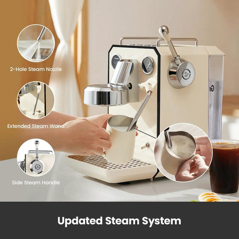 Pro Grade Semi Automatic Espresso Machine With Milk Frother And Steam Wand 15 Bar Pressure 57 Oz Removable Water Tank Dual Display Built For Cafe Quality Cappuccino And Latte At Home Ivory White G3006 being used on kitchen counter