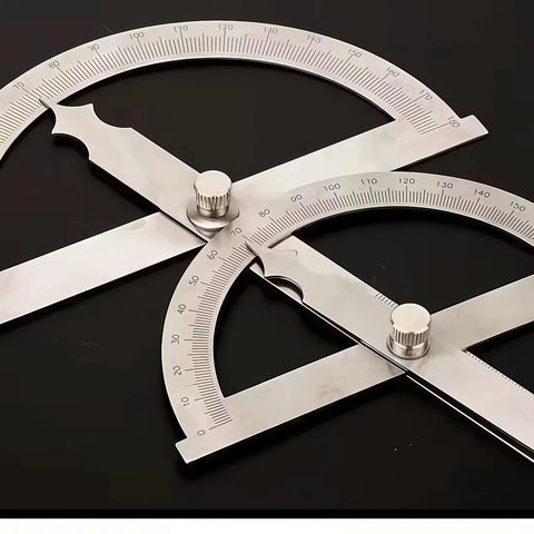 Heavy Duty Stainless Steel Angle Protractor Dead On Accuracy 0 To 180 Degrees Round Head Bevel Gauge on black background
