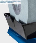 Heavy Duty Wet Bench Grinder With Water Cooled 250 Mm Corundum Whetstone And Leather Honing Wheel, close-up of water tank and stone.