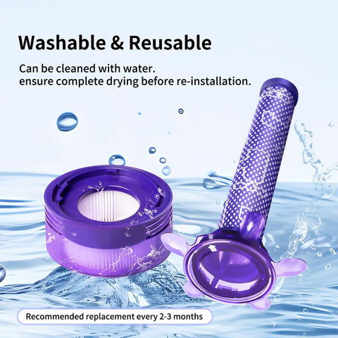 Purple Pro Grade Vacuum Filter Replacement Kit For Dyson V7 V8 SV10 Cordless Vacuums with water droplets, washable design