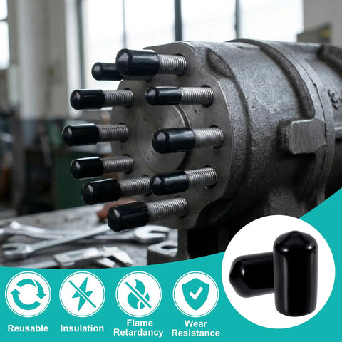 240 Piece Rubber End Cap Kit For Screws And Tubes, 9-Size Black Vinyl Caps on industrial bolts, showcasing protection use
