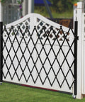 Built Like A Tank Foldable Security Gate 48 By 71 Inch Expandable Iron Frame Barrier with diamond grid for garage entrance.