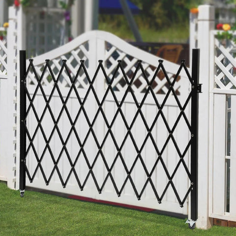 Built Like A Tank Foldable Security Gate 48 By 71 Inch Expandable Iron Frame Barrier with diamond grid for garage entrance.