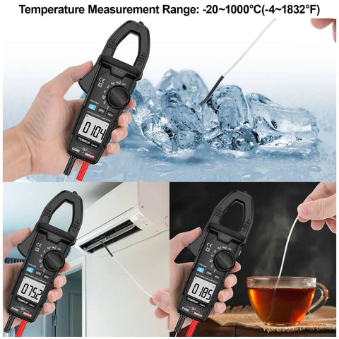True RMS Clamp Meter For Auto Ranging 6000 Counts With 600A Capacity And Built In Flashlight Backlight Measures NCV AC DC Voltage And Current Continuity Capacitance Diode Resistance And Temperature For Car Home And Industrial Fixes, handheld with probe