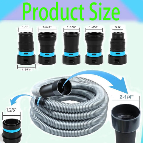 16 Ft Universal Vacuum Hose Extension Kit With Six Adapters For Home Shops And Tools Dust Collection Hose Fits Most Major Brand Vacuums One Quarter Inch To One Half Inch Connections Silver Gray showing hose and adapter sizes