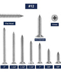 Image of #12 Gauge Flat Head Phillips self-tapping screws in various lengths, showcasing 100 Pack Top Shelf Wood Screws Number Twelve Gauge By Five Eighths Inch Flat Head Phillips Self Tapping Drywall Fasteners 18 8 304 Stainless Steel Rust Resistant Hardcore Construction Tools.