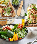 Microgreens dishes showcasing jute microgreens growing mat roll for hydroponic trays 10 inch by 220 inch seed germination pad kit.