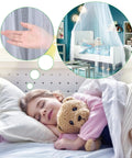 Mosquito Net Bed Canopy for Kids and Adults, White Dome Ceiling Hung Mesh Tent, shown over a bed protecting a sleeping child