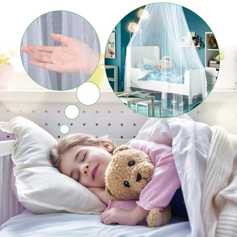 Mosquito Net Bed Canopy for Kids and Adults, White Dome Ceiling Hung Mesh Tent, shown over a bed protecting a sleeping child