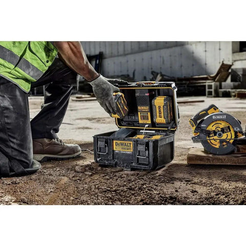Worker using Dual Port Charger For ToughSystem 2.0 20V Max Batteries With Dual USB Ports And IP55 Dust And Water Protection on site.