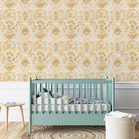Yellow Boho Bohemia Damask Easy Peel And Stick Wallpaper Removable Self Adhesive Watercolor Design Repositionable No Glue Needed No Residue 20.5In By 16.5Ft Made In USA wallpaper on nursery wall with crib