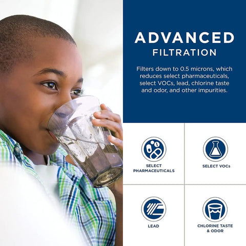 Child drinking water using Icemaker Inline Water Filter System for Refrigerators Without Built In Filtration Delivers Clean Ice for Beverages