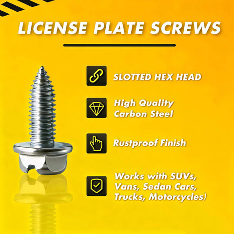 Image of 100 Pack License Plate Screws 6mm X 16mm Slotted Hex Head Bolts for Cars and Frames against yellow background.