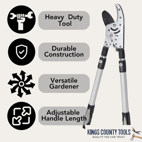 Double Ratcheting Anvil Lopper With Extendable Handles 26 To 40 Inches, features and benefits highlighted with icons