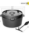 Pre Seasoned Cast Iron Camping Dutch Oven 6 Quart With Lid And Tripod Stand For Outdoor Cooking Great For Slow Braise Stews, dimensions visible.