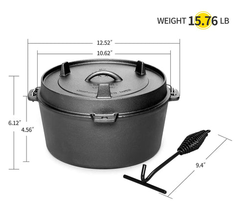 Pre Seasoned Cast Iron Camping Dutch Oven 6 Quart With Lid And Tripod Stand For Outdoor Cooking Great For Slow Braise Stews, dimensions visible.