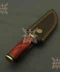 Damascus Steel Hunting Knife With Rosewood Handle 8 Inch Full Tang Blade Traditional Style Leather Sheath, side view