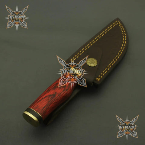 Damascus Steel Hunting Knife With Rosewood Handle 8 Inch Full Tang Blade Traditional Style Leather Sheath, side view