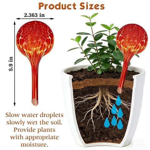 Six Pack Colorful Glass Plant Watering Globes For Indoor Pots And Outdoor Hanging Plants Self Watering Bulbs For Vacation Plant Care No Fuss Drip Irrigation System Easy Garden Patio Watering Solution shown in use with plant