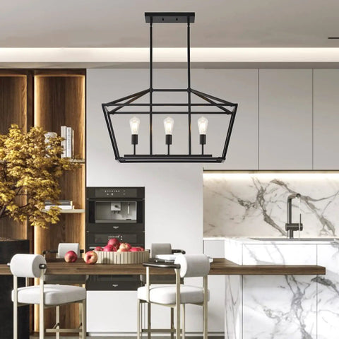 Farmhouse Linear Pendant Light Fixture For Kitchen Island Black 3 Light Cage Design over modern kitchen island