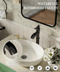 Matte Black Vessel Sink Faucet With Pop Up Drain Waterfall Style Farmhouse Single Hole Lavatory Tap Antique Bowl Look One Handle Includes Supply Lines No Overflow