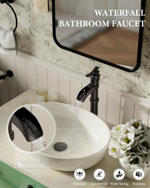 Matte Black Vessel Sink Faucet With Pop Up Drain Waterfall Style Farmhouse Single Hole Lavatory Tap Antique Bowl Look One Handle Includes Supply Lines No Overflow