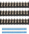 Three Pack 10 Circuit Dual Row Screw Terminal Strip Kit With 60 Heat Shrink Wire Fork Connectors, Great Value Flame Retardant PC Engineering Materials For DIY Electronics, Easy Wire Management And Reliable Connections. Three 10-position terminal strips with blue fork connectors.