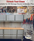 2 Pack Of 72 Inch Tall Stainless Steel Rolling Tool Chest With 15 Drawers 3 Wall Cabinets Pegboard And Deep Wood Top, featuring essential tool storage for various needs.