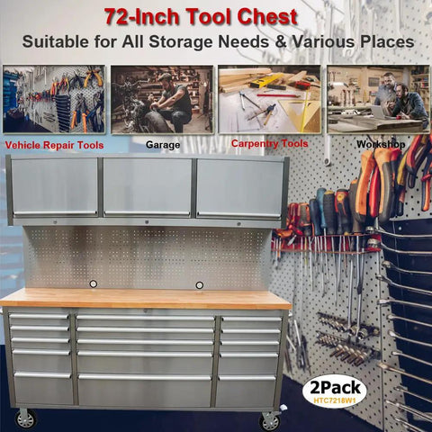2 Pack Of 72 Inch Tall Stainless Steel Rolling Tool Chest With 15 Drawers 3 Wall Cabinets Pegboard And Deep Wood Top, featuring essential tool storage for various needs.