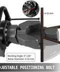 Heavy Duty Electric Hydraulic Rebar Cutter And Bender showing adjustable positioning bolt for bending rebar 0-130 degrees, diameter 4-16 mm.