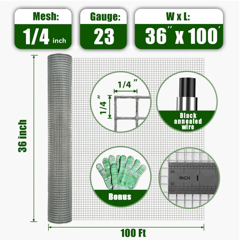 Hot Dip Galvanized After Welding Hardware Cloth One Quarter Inch Mesh Roll 36 By 100 Feet, 23 Gauge, product details image