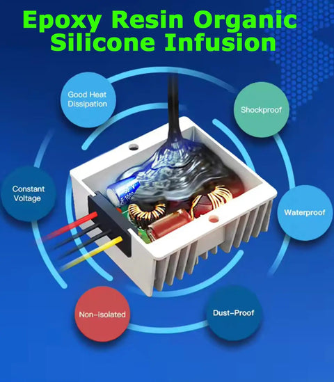 12V To 48V Boost Converter 288W 6A Step Up Voltage Regulator for Golf Carts with silicone infusion and epoxy resin protection.