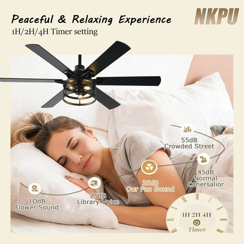 52 Inch Farmhouse Ceiling Fan With Light And Remote Black Industrial Caged Rustic Ceiling Fan With 6 Speed Reversible Motor in bedroom