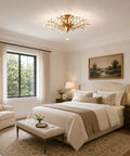 Vintage K9 Clear Crystal Chandeliers Gold Finish Five Light Ceiling Pendant Lighting Fixture in elegant bedroom setting