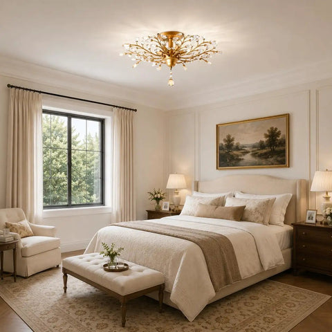 Vintage K9 Clear Crystal Chandeliers Gold Finish Five Light Ceiling Pendant Lighting Fixture in elegant bedroom setting
