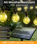 100Ft Solar String Lights Outdoor Waterproof G40 Shatterproof Bulbs, solar panel and glowing bulbs in rain