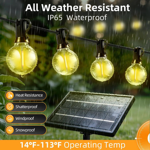 100Ft Solar String Lights Outdoor Waterproof G40 Shatterproof Bulbs, solar panel and glowing bulbs in rain