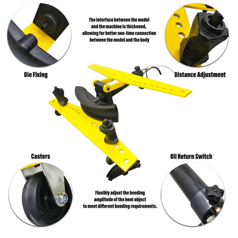 Beast Mode 21 Ton Electric Hydraulic Pipe Bender With Ten Steel Dies For Seven Eighths Through Four Inch Round Tubing Ninety Degree Bend Heavy Duty Garage Workhorse 110V showing die fixing and distance adjustment features.