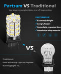 3157 3156 4114 DRL LED Bulbs Pack Of 2, 60-LED 3528-SMD vs traditional bulb comparison, aluminum housing, xenon white