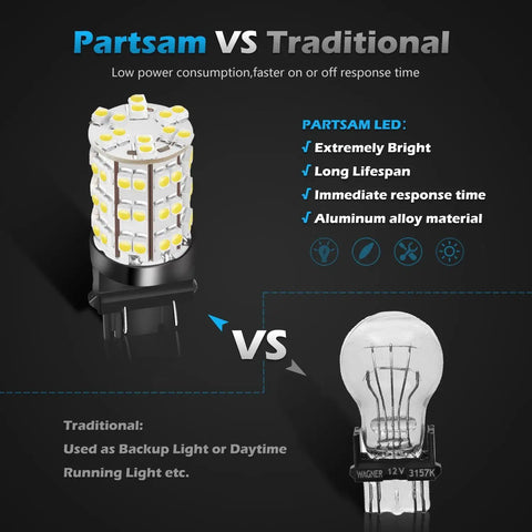 3157 3156 4114 DRL LED Bulbs Pack Of 2, 60-LED 3528-SMD vs traditional bulb comparison, aluminum housing, xenon white
