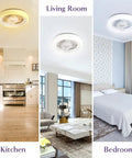 Bladeless 20 Inch Ceiling Fan With Remote Control Lights, 3 Color Temperatures in kitchen, living room, and bedroom settings.