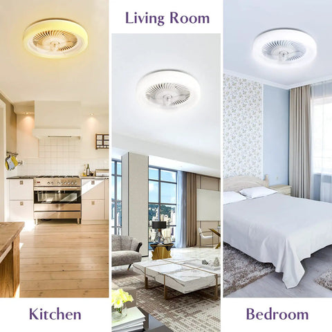 Bladeless 20 Inch Ceiling Fan With Remote Control Lights, 3 Color Temperatures in kitchen, living room, and bedroom settings.