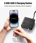 Hands charging phone with 12 In 1 Power Strip With USB Ports For Home Office Dorm Travel And More, 8 Widely Spaced AC Outlets, 3 USB A Ports And 1 USB C Port, Flat Plug, 5 Ft Cord, Mountable Charging Station Boss Level Convenience For Hotels Cruises And On The Go